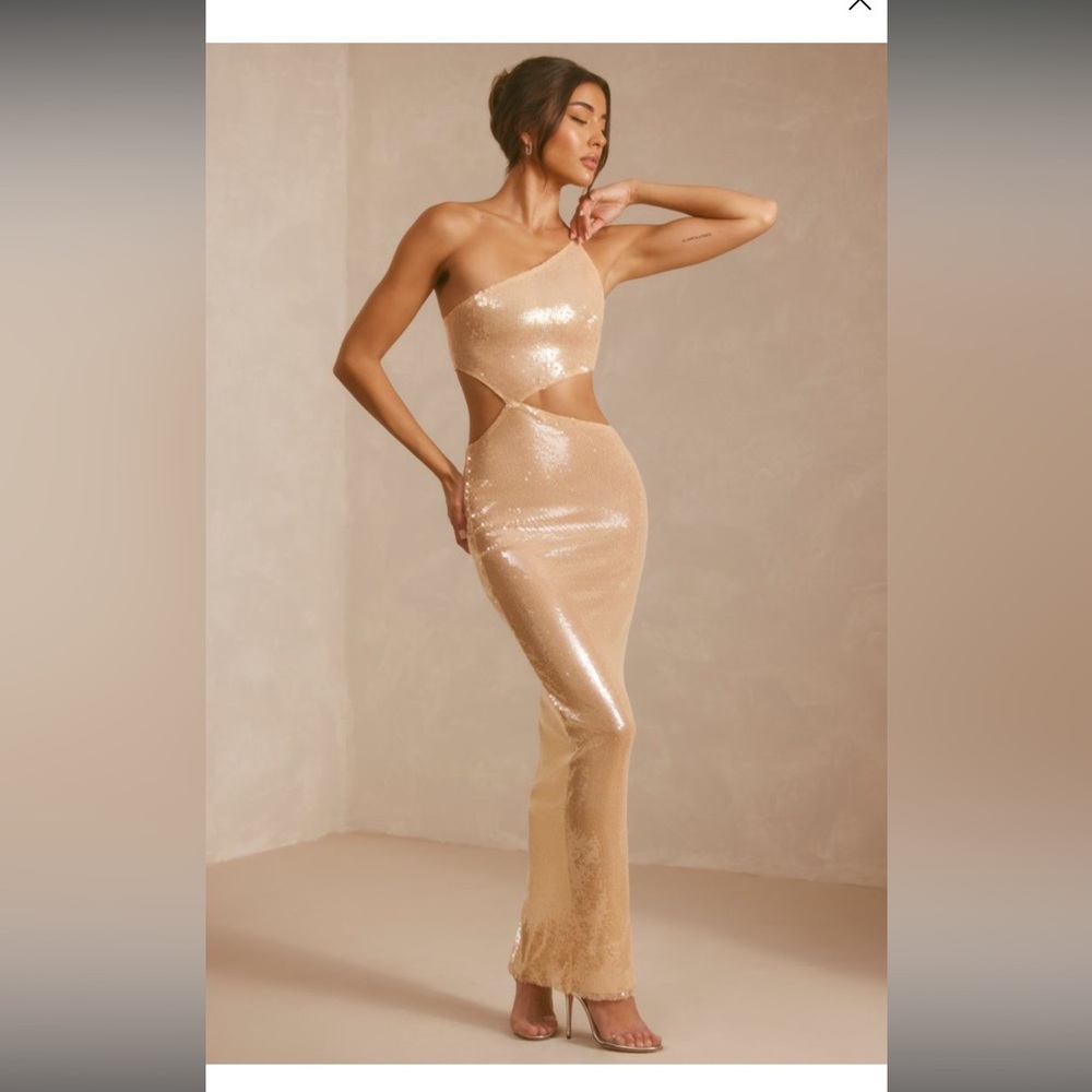 Oh Polly Sheer Sequin One-Shoulder Cut Out Maxi Dress in Tan